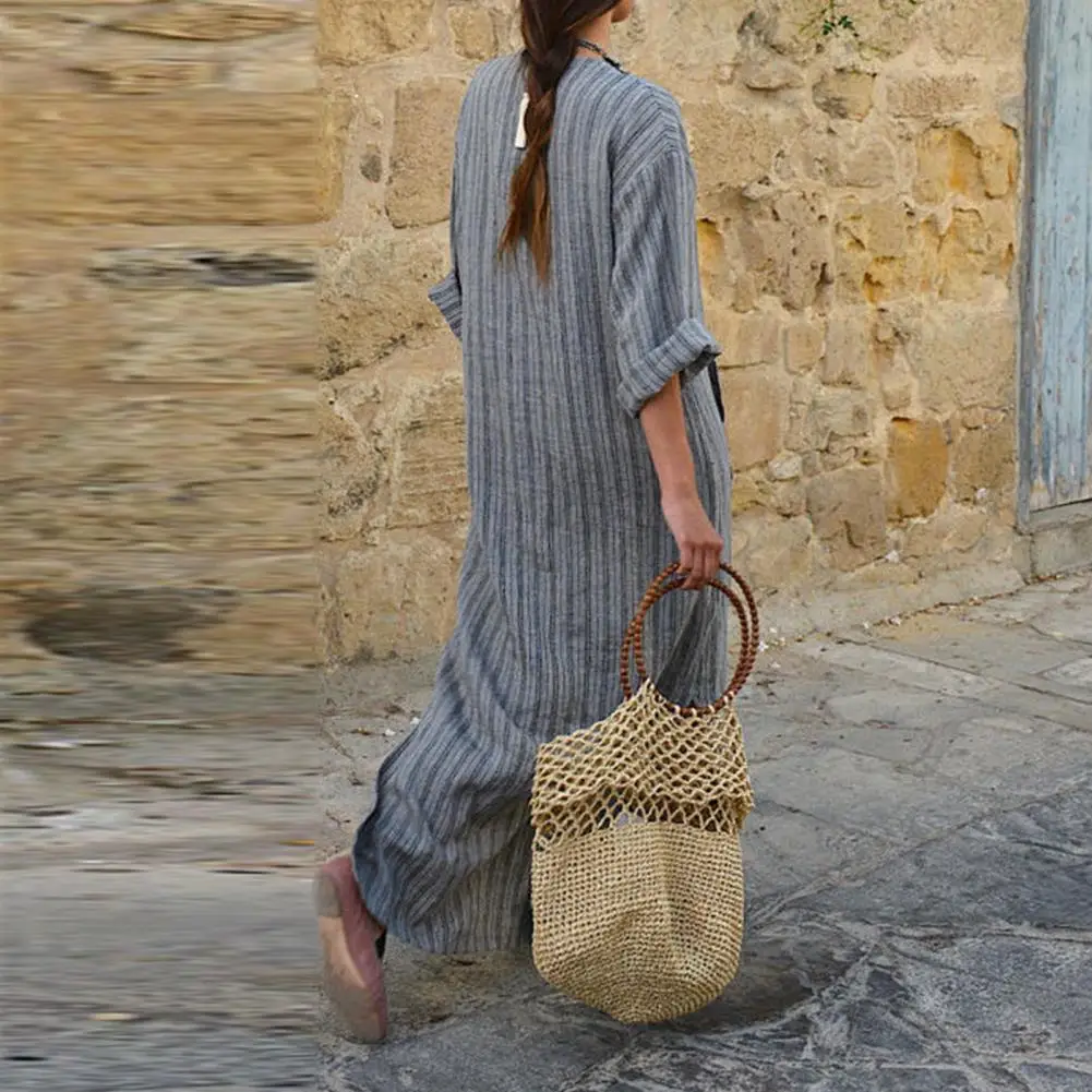 Summer Long Dress Cotton Linen Casual Dresses 2023 New Striped Loose Maxi Dress Sundress Vacation Clothes For Women