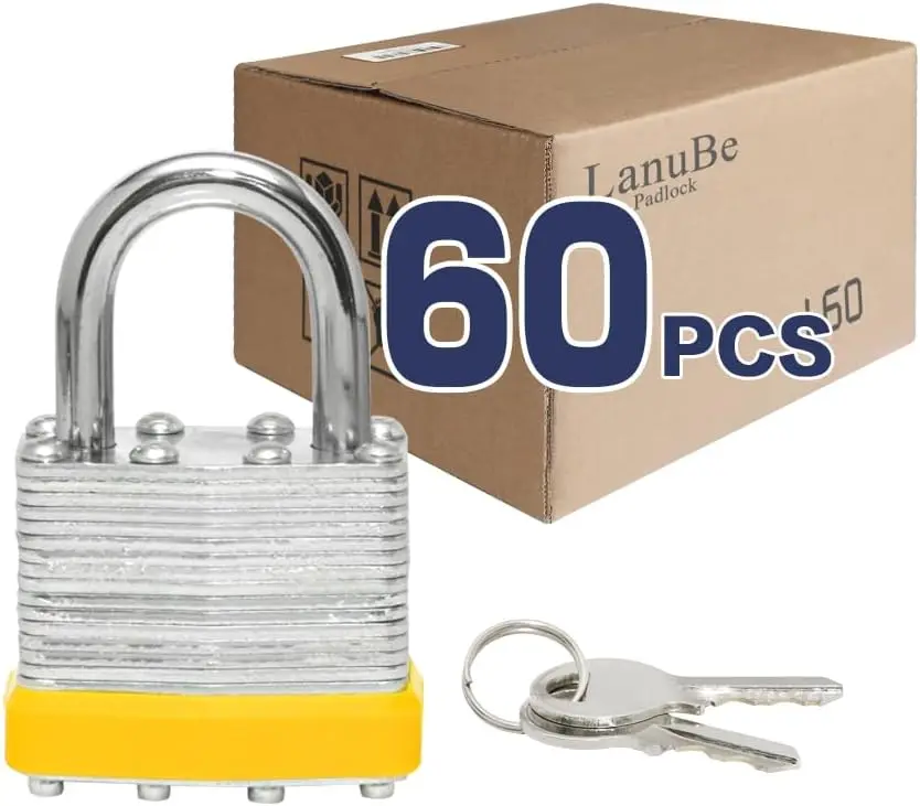 Laminated Steel Keyed Padlock,Keyed Alike Locks, Normal Shackle Padlock, Marked Yellow Plastic Hoop, Pack of 60