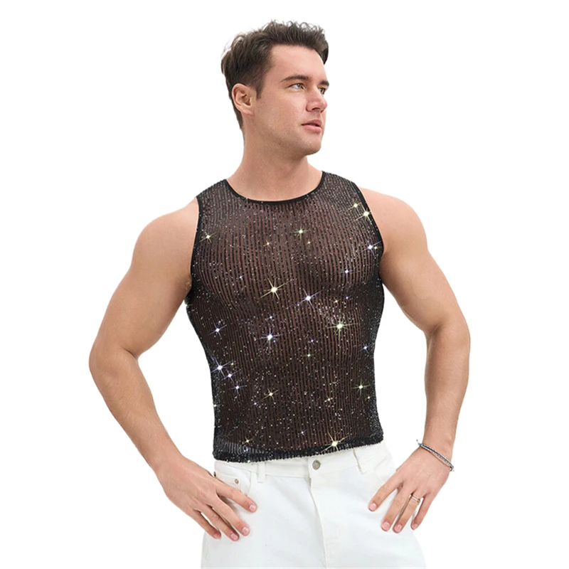 Herren-Netz-Strass-Y2K-Tanktop, durchsichtig, glitzernd, Party-T-Shirt, Nachtclub, Musikfestival, Bühnenkostüm – Detail 6
