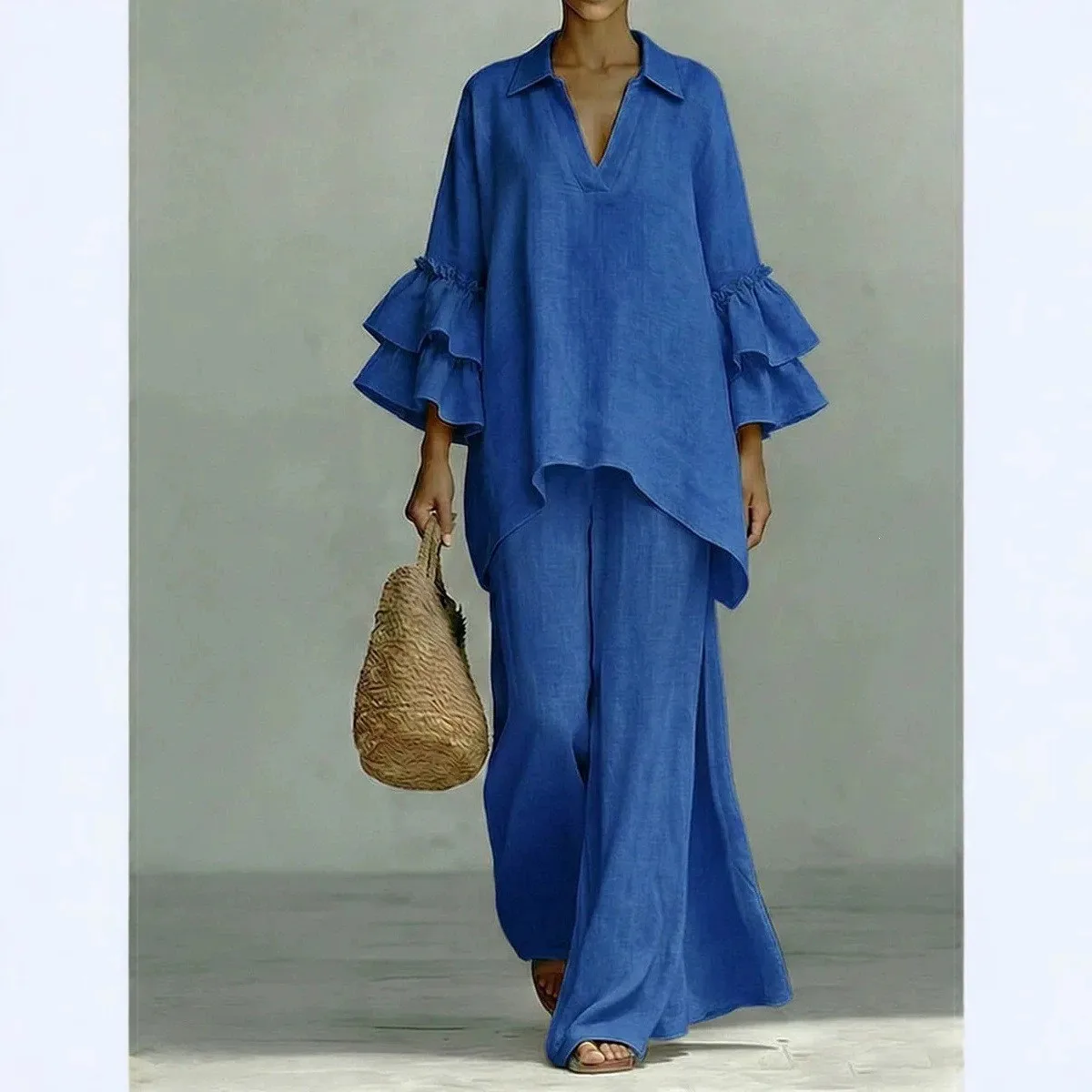 2 Pieces Set For Woman Boho Wide Leg Pants & V Neck Top Maxi Length Solid Color Two Piece Set Summer Women's Suit Casual Cotton