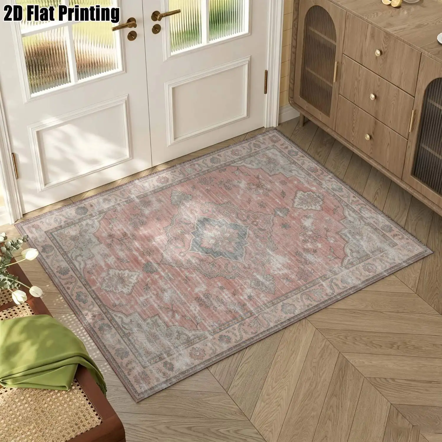 1Pc 2D Printed Retro Pink-Blue Geometric Carpet: Vintage, Bohemian, European Style, Machine Washable, Multi-Size, Ideal for Living Room, Bedroom, Dining Room, Entrance, Study Home Decor
