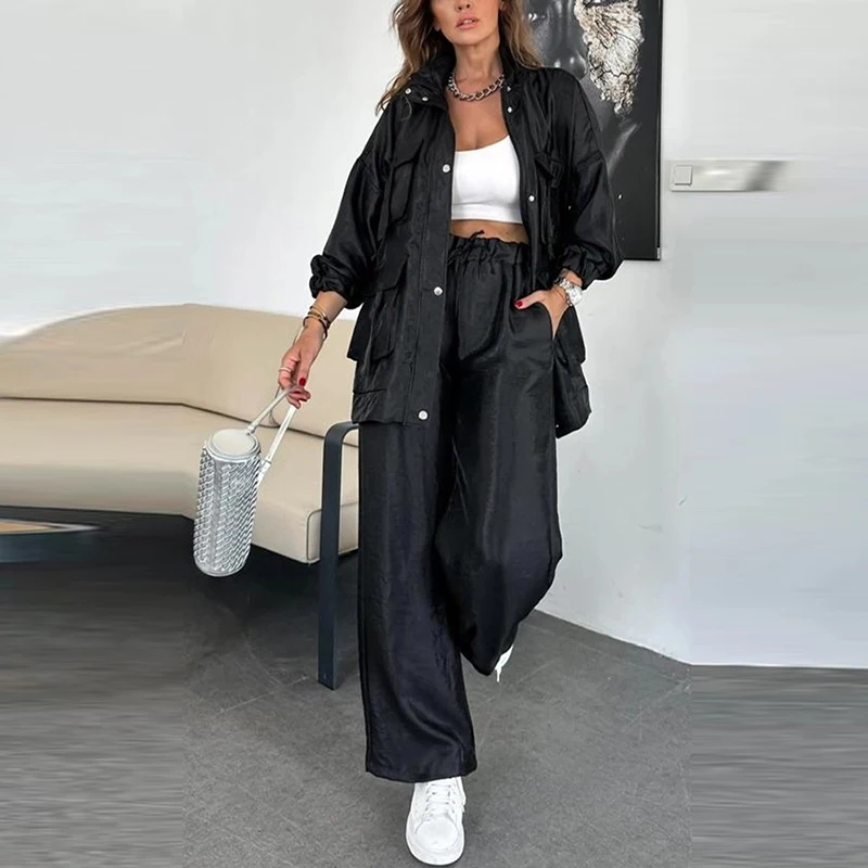 Women Casual Pockets Loose Sport Outfits Fashion Stand Collar Coats & Long Pants Suits Elegant Long Sleeve Solid Color 2Pc Sets