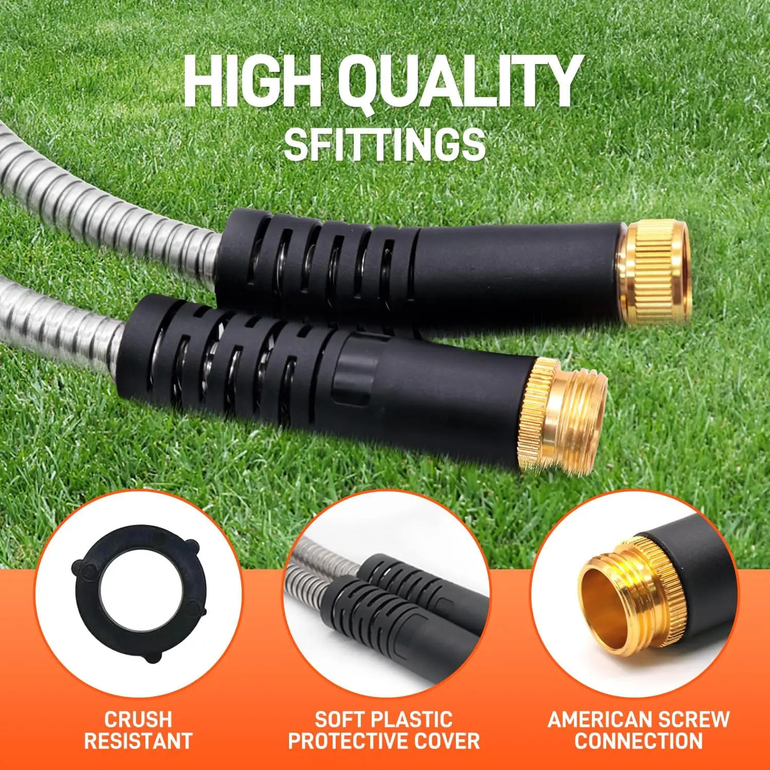 Garden Hose Stainless Steel Water Hose with 10 Functions Adjustable Spray Nozzle Heavy-Duty Metal Garden Hose for Yard Lawn