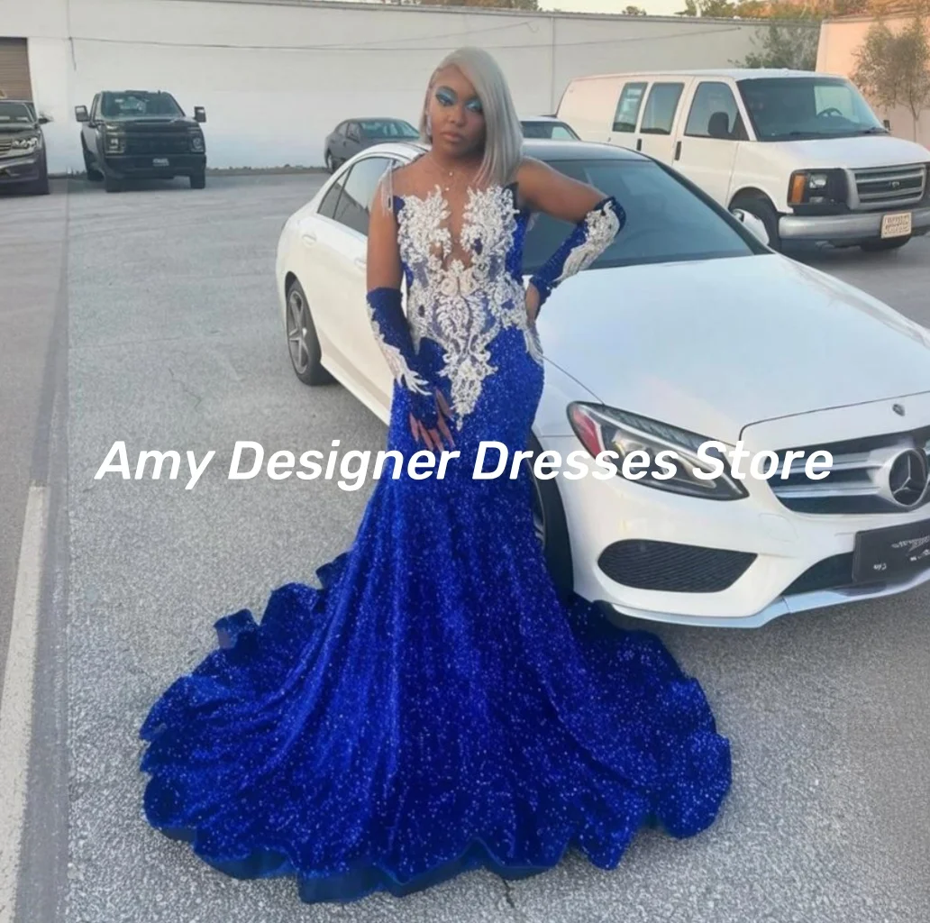 Sparkly Blue Sequin Mermaid Prom Dresses Black Girls Luxury 2025 Long O Neck Bead Crystal Rhinestones Evening Gowns Customized