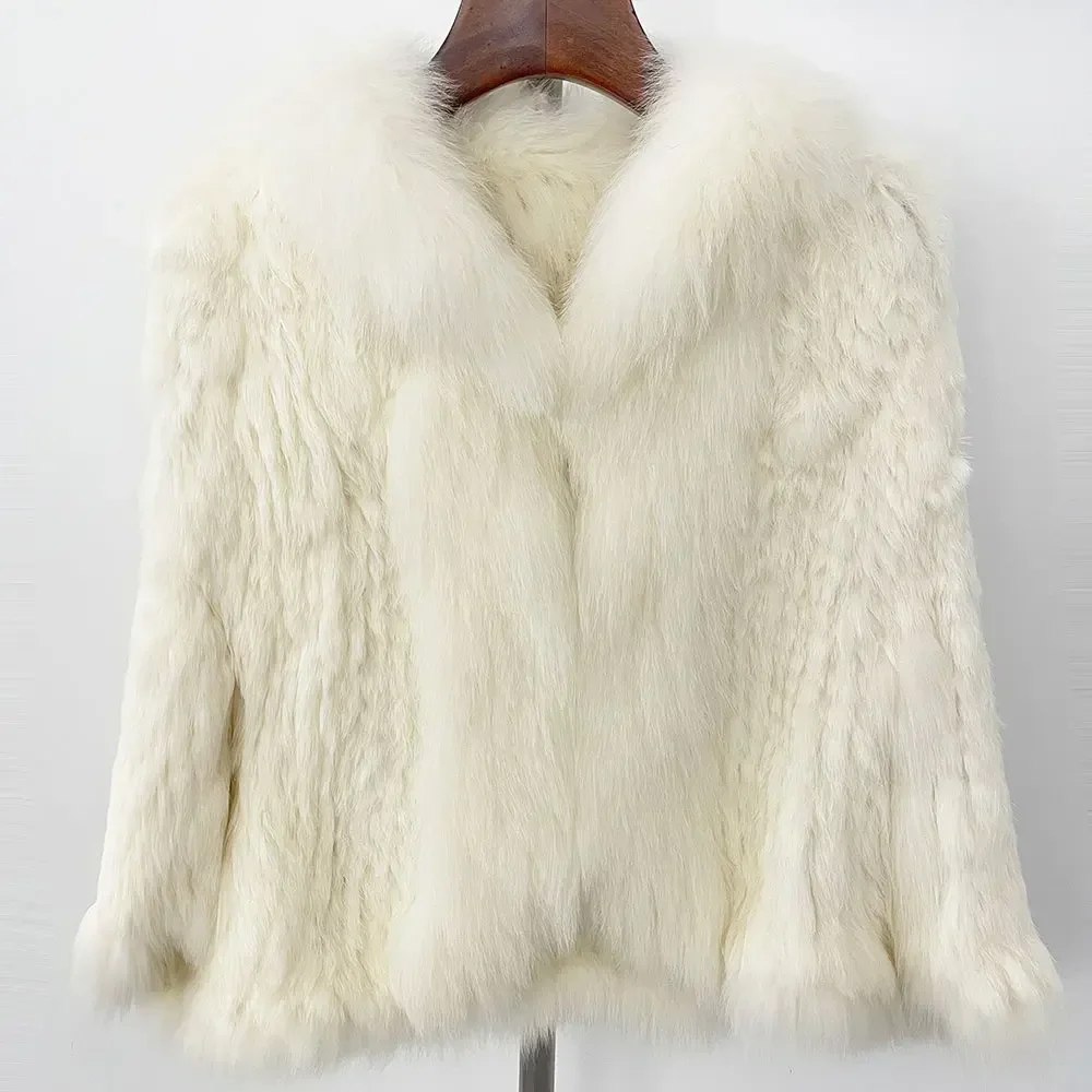 

2025 Women Winter Real Rabbit Fur Coat Natural Fox Collar Knitted Shawl Fur Jacket 2025 Winter New Natural Real Rabbit Fur Coat
