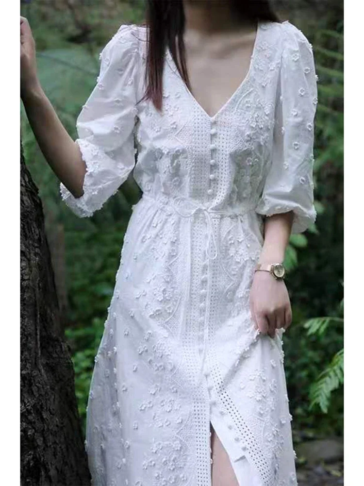 Imagem -03 - Gypsylady Elegante Chique Bordado Maxi Vestido Branco Applique Vestidos de Férias Feminino Puff Manga Oco para Fora 2xl Vintage Vestido Longo