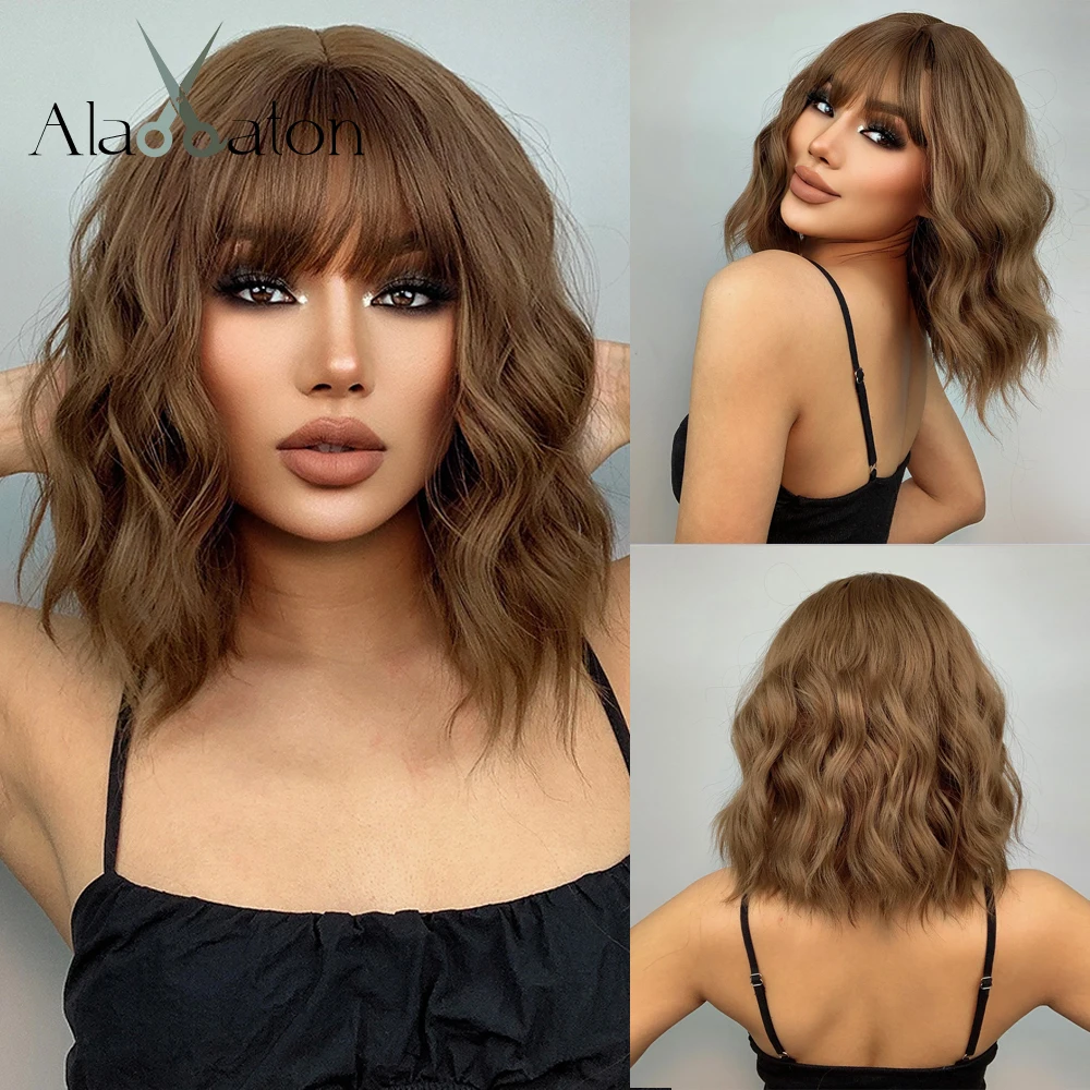 ALAN EATON Synthetic Wig for Black Women Girl Natural Wavy Short Bob Dark Brown Wig With Bangs Cosplay Party Heat Resistant Hair