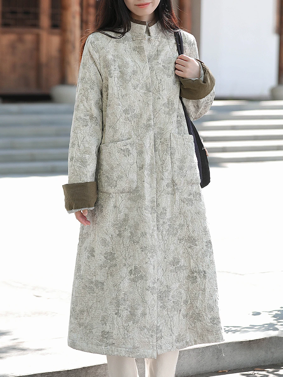 Retro Winter Velvet Warm New Chinese Trench Coat Temperament Color National Style Contrasting Color Long Coat Cardigan