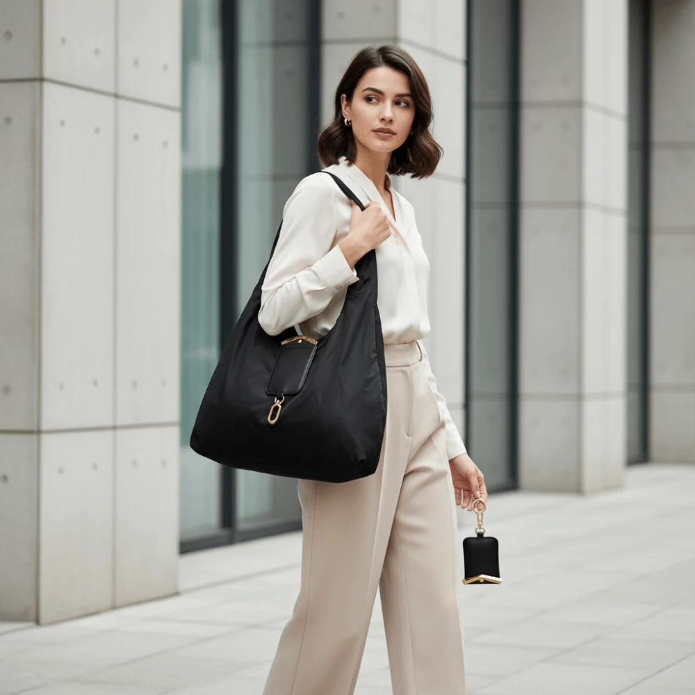Solid Color Key Chain Tote Bag Mini Tear-Resistant Foldable Shopping Bag High-Capacity Faux-Leather Case 2-in-1 Bag Charm Pouch
