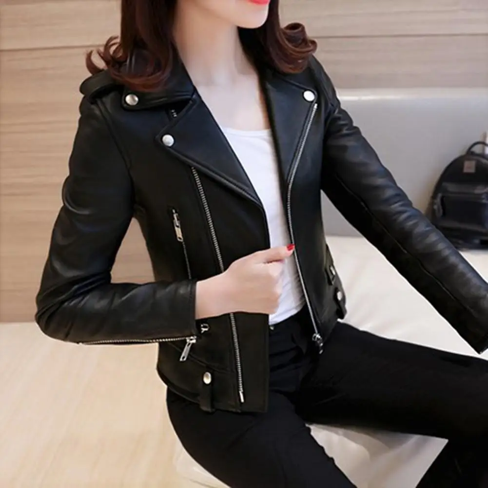 Women Faux Leather Jacket Stylish Faux Leather Women\'s Motor Jacket with Rivet Decor Turn-down Collar for Fall Winter