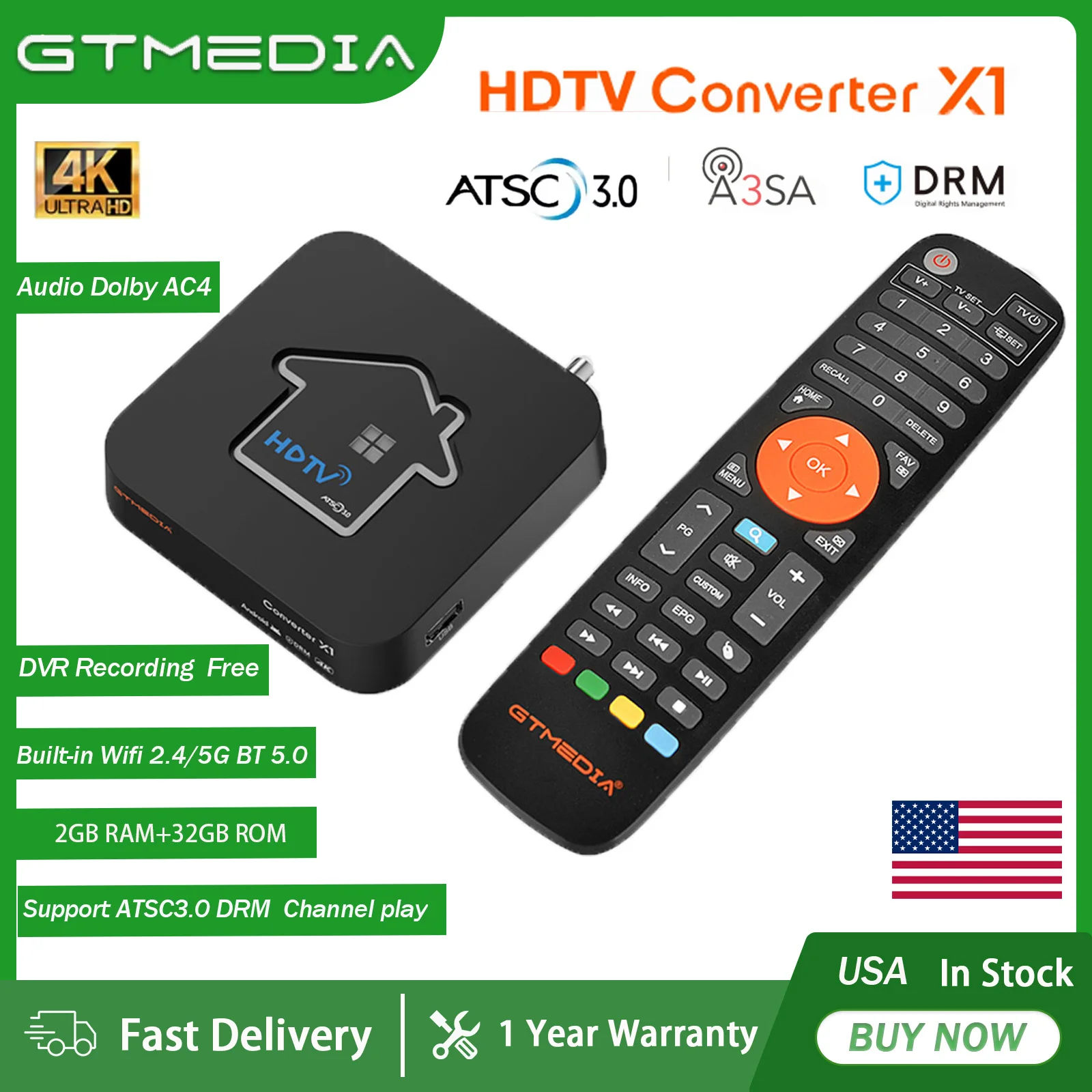 

GTMEDIA HDTV Converter X1 ATSC3.0/1.0 4K UHD DRM DVR Recording Free Smart TV Box 2.4/5G Wifi,BT5.0,IR Remote Control for the US