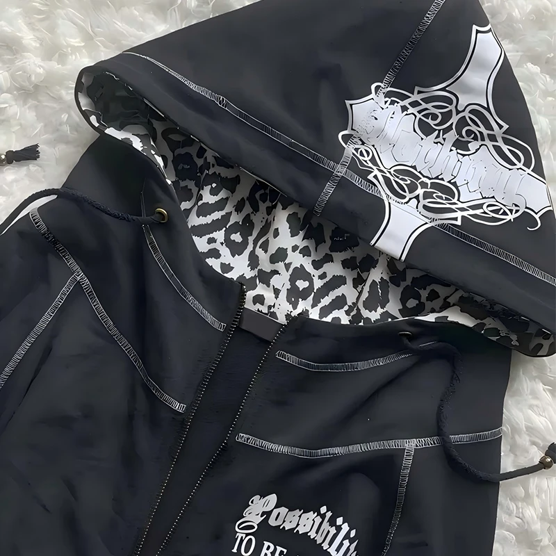 النمط الأوروبي والأمريكي عيد الفصح عبر طباعة ليوبارد طباعة طويلة الأكمام هوديي سليم صالح فتاة حار الاتجاه القوطية Y2K Harajuku #4