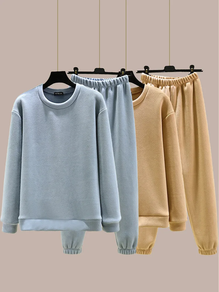 

Korean Sle Fce Lined Spwear Thi Casual Home Clothes Outdoor Wearable Warm Set Long Sve round Ne Home Clothes