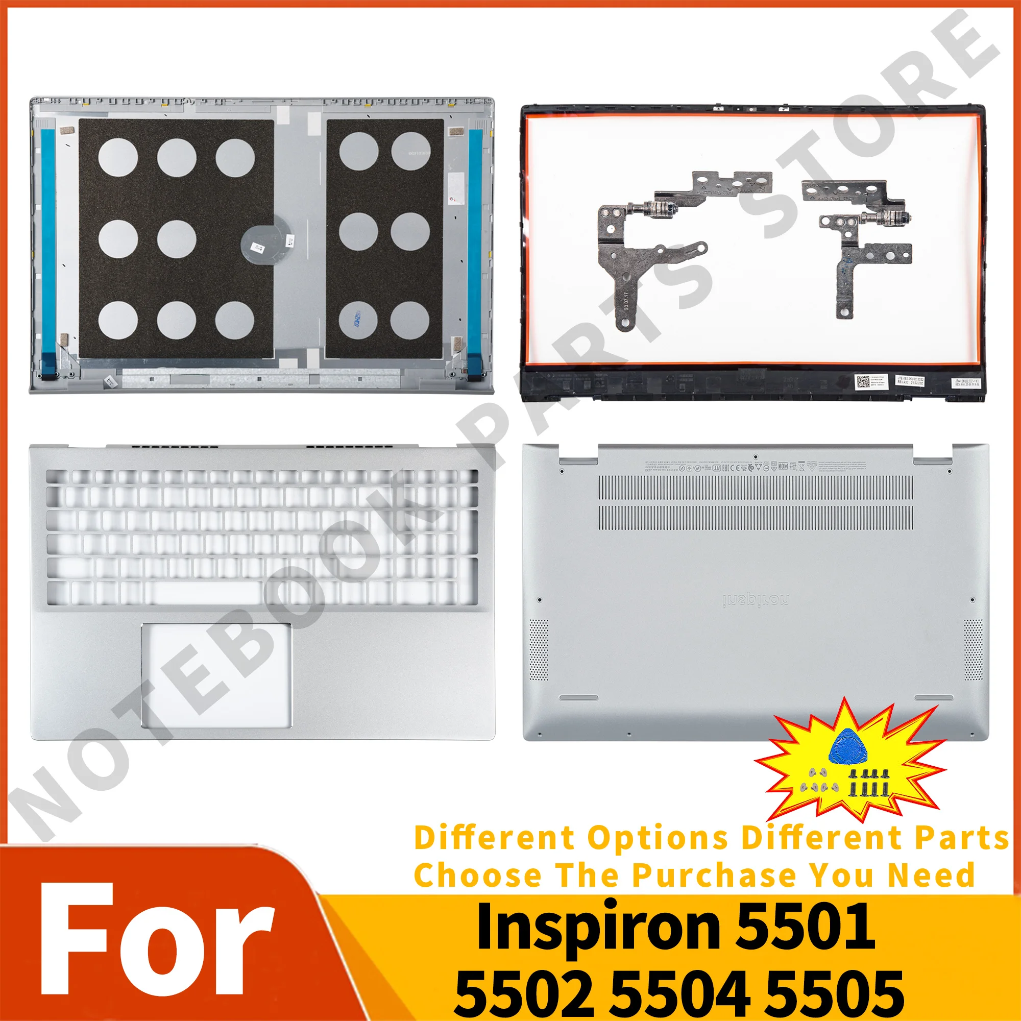 

New LCD Back Cover For Inspiron 5501 5502 5504 5505 Front Bezel/Palmrest/Bottom Case Laptop Housing Case Repalcement Silver