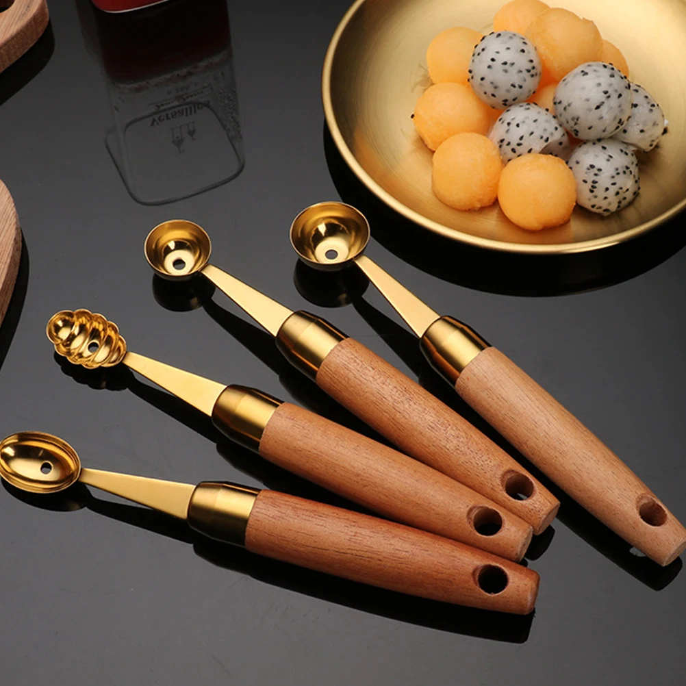 

2pcs Fruit Spoon Stainless Steel Wooden Handle Kitchen Gadgets Digging Scoop Cutting Tools Fruit Baller Dessert Tool