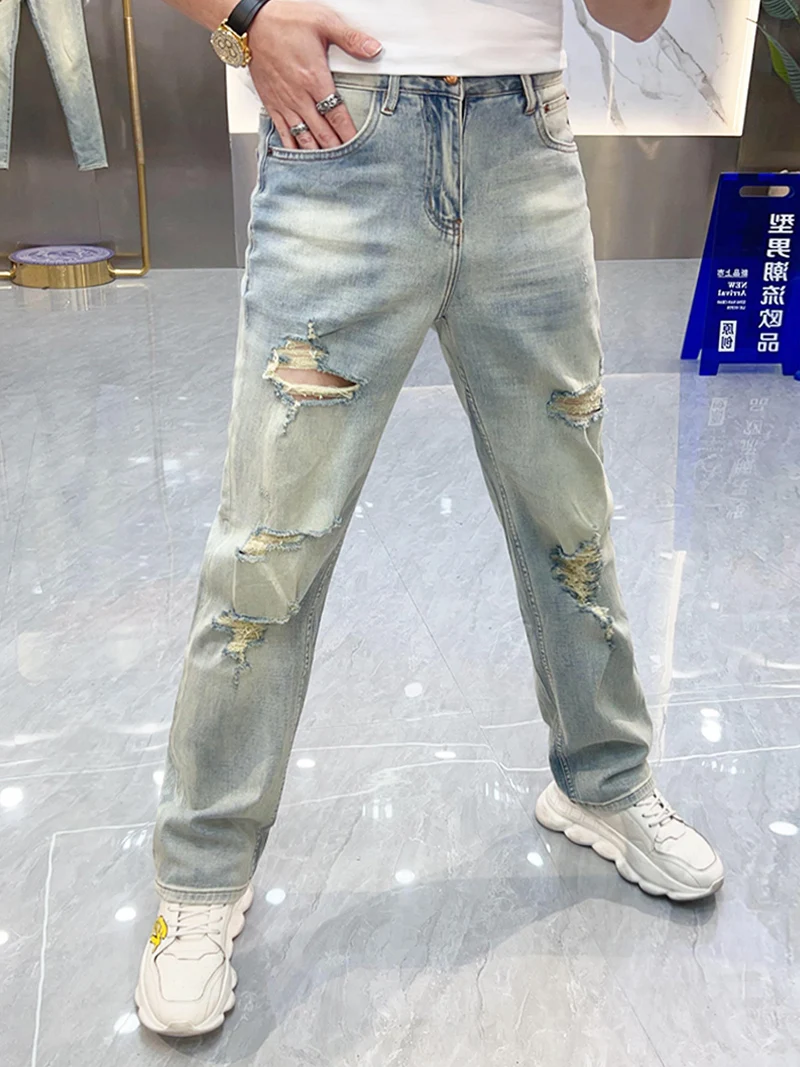 

Summer Men's Distred Casual Waed Straight Leg Jeans Loose Fit Faionable Hole Punching Classic Sle Youthful Trend