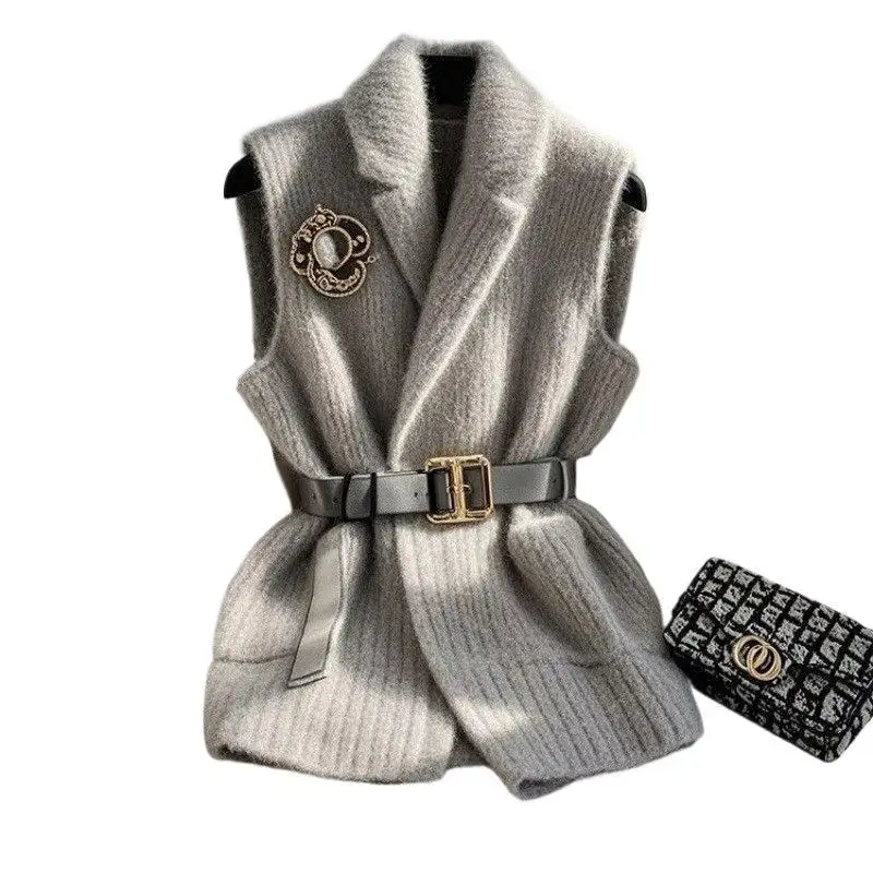 New 2025 European Goods Large Version Waist Thin Sweater Vest Gray Knitted Sweater Female Spring