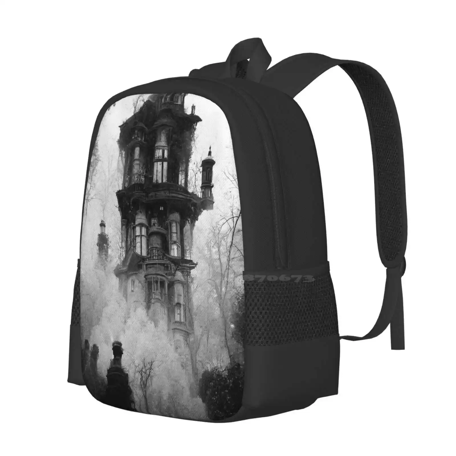 The Haunted Foggy Castle Large Capacity School Backpack Laptop Bags Haunted House Castle Foggy Trees Forest Dark Gothic Fantasy