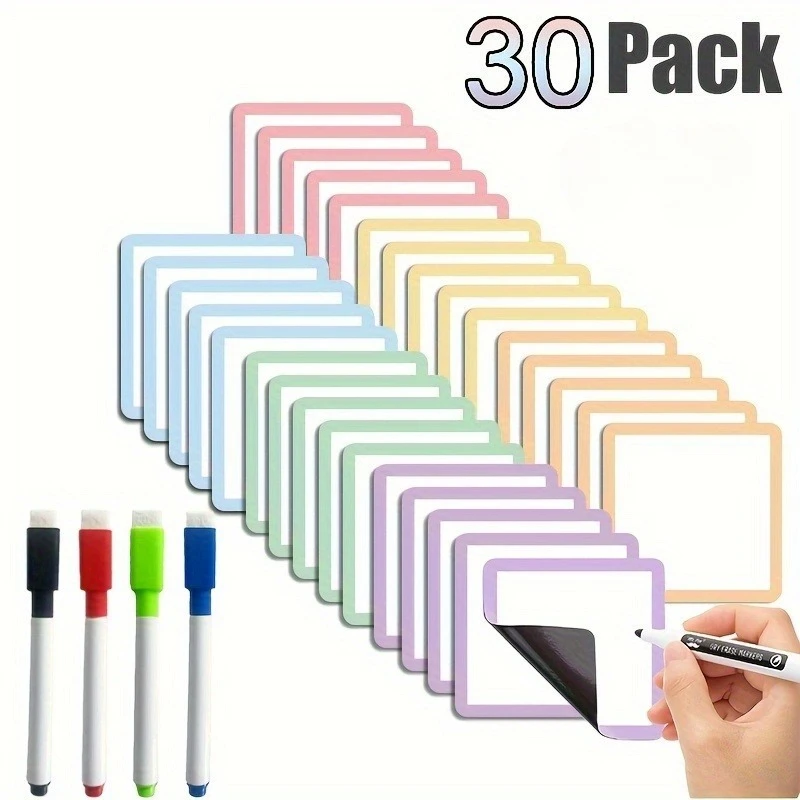 30 Pack Reusable Magnetic Whiteboard Notes with Marker - Dry Erase Sticky Labels for Fridge,Office,Classroom & Home Organization