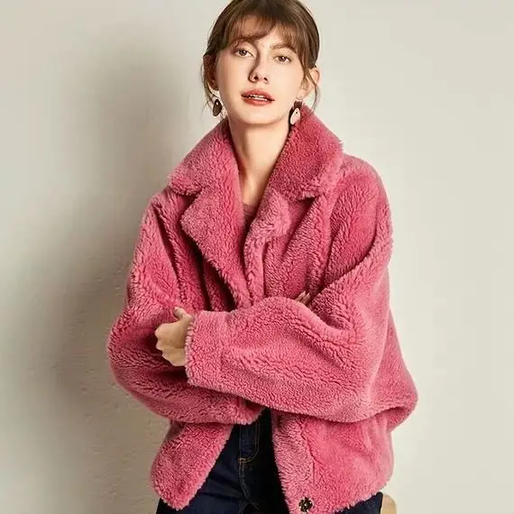 Dạng Hạt Len Shearling Xuân Thu Áo Khoác Nữ Thịt Cừu Len Ngắn Phù Hợp Với Cổ Áo Lông Thú Giả Áo Khoác