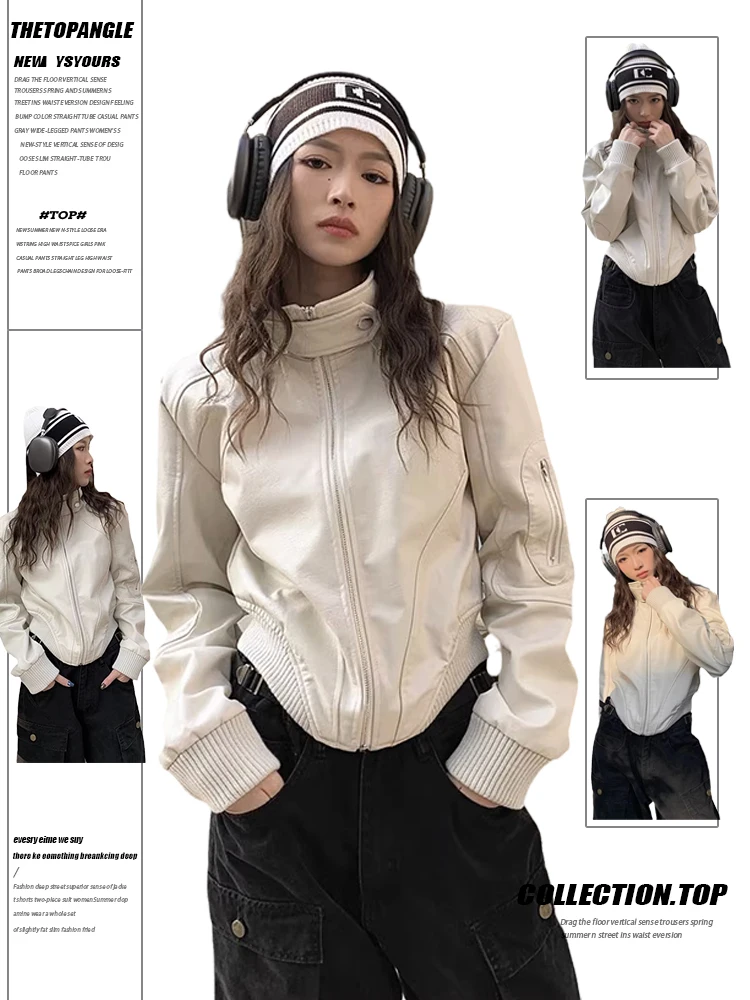 

Women's White Gothic PU Leather Jacket Coat Vintage Streetwear Motorcycle Jacket Vintage Oversize Outerwear 2000s Clothes Autumn