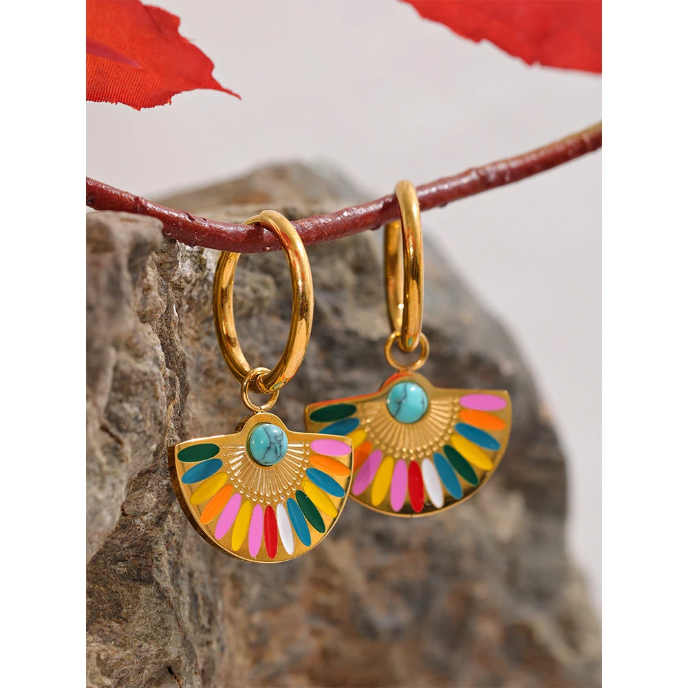 Yhpup Y2K Colorful Enamel Stainless Steel Fan Geometric Bohemian Rainbow Drop Hoop Earrings Women Trendy Fashion Charm Jewelry
