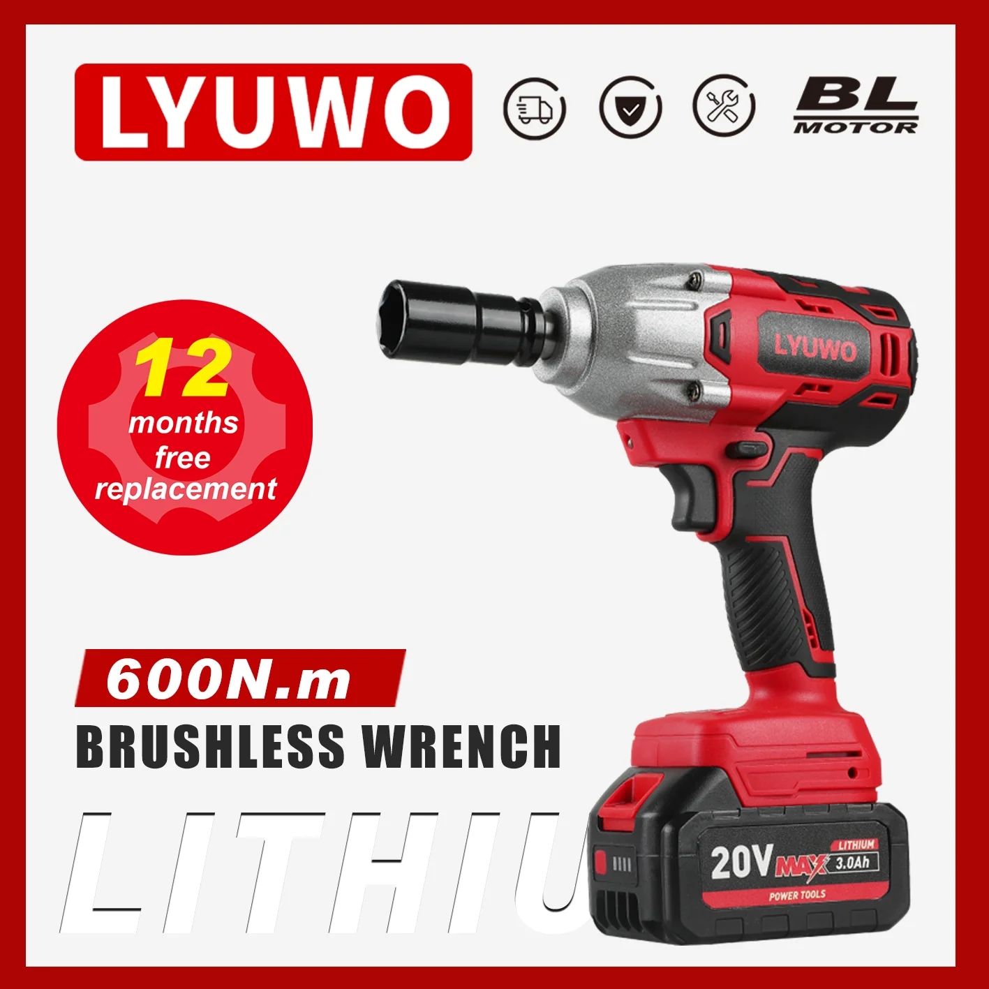 20V Electric Impact Wrench 600N.m Brushless Wrench Rechargeable 1/2 inch Li-ion Battery For Car Tires Cordless Power Tools