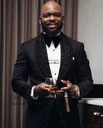 Luxury Beaded Crystals Men Suits Customized Groom Tuxedos 2 Pieces Sets Male Prom Blazers Slim Wedding Terno Masculino Completo