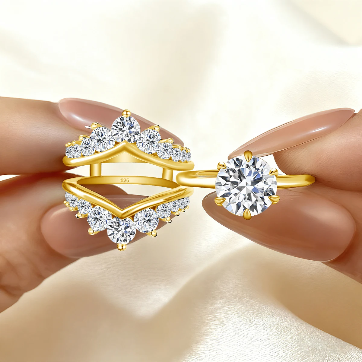 925 Sterling Silber Moissanit-Ring-Verstärker für Damen, Verlobungsring-Set, Gebogener Ehering, Brautschmuck – Detail 6