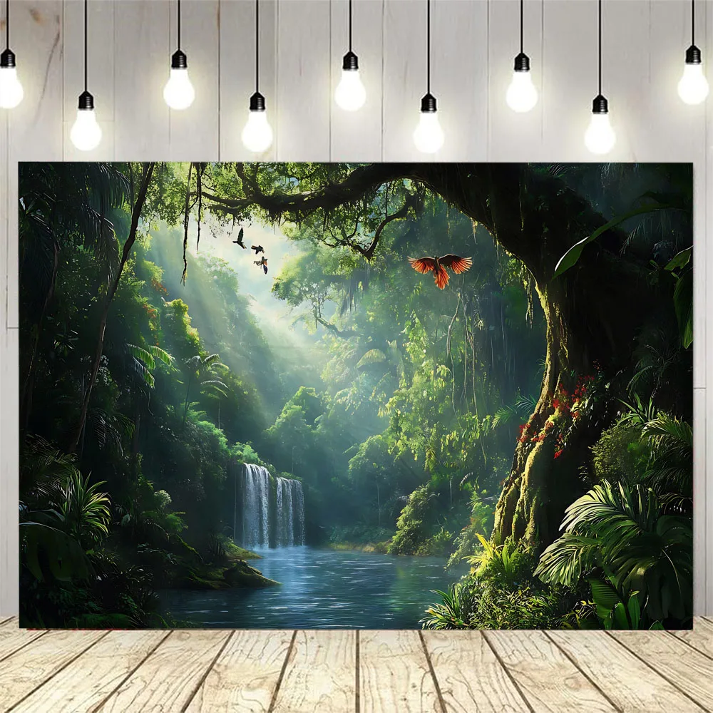 

Dreamy landscape tapestry, waterfall, jungle flowers and birds, art decoration wall hanging, hippie home background cloth