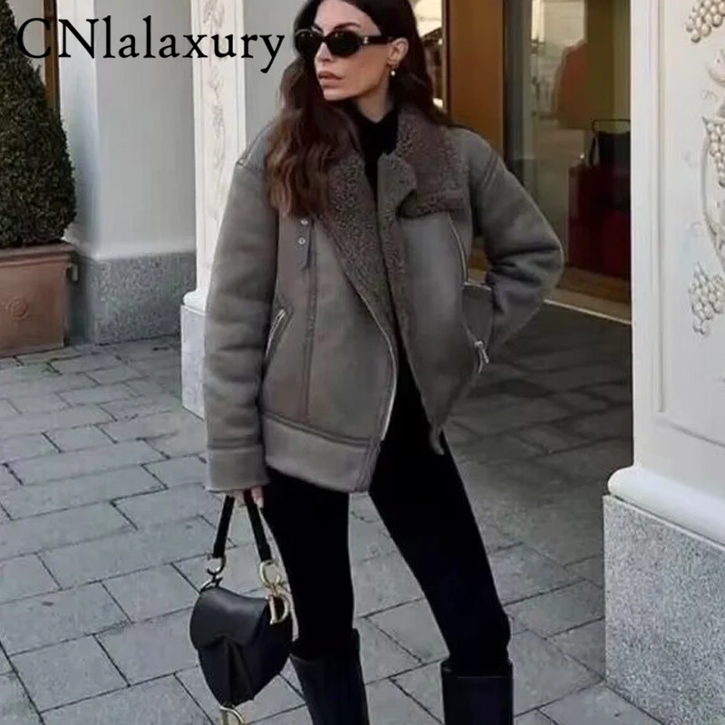 CNlalaxury Winter Woman High QualityThick Fleece Faux Leather Jacket Coat Casual Pocket Zip Warm Motorcycle Outwear Ladies