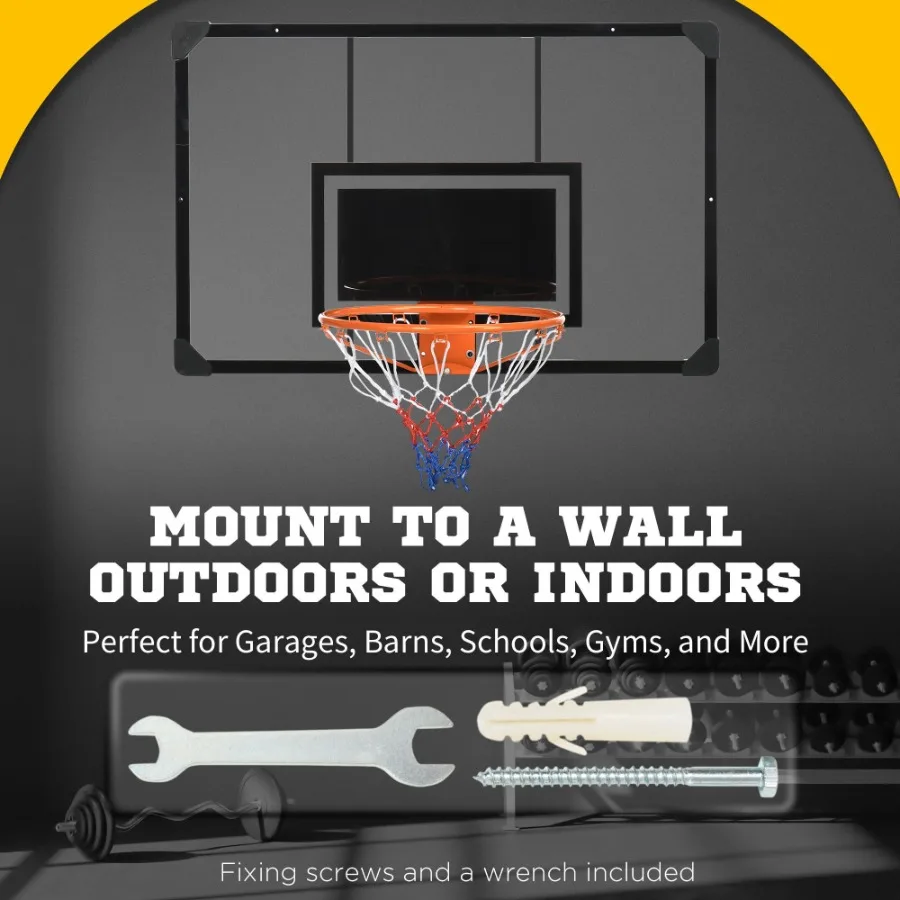 Canestro de baloncesto montado en la pared Soozier con tablero trasero inastillable de 45 x 29, borde duradero y red AllWeather para interiores y exteriores