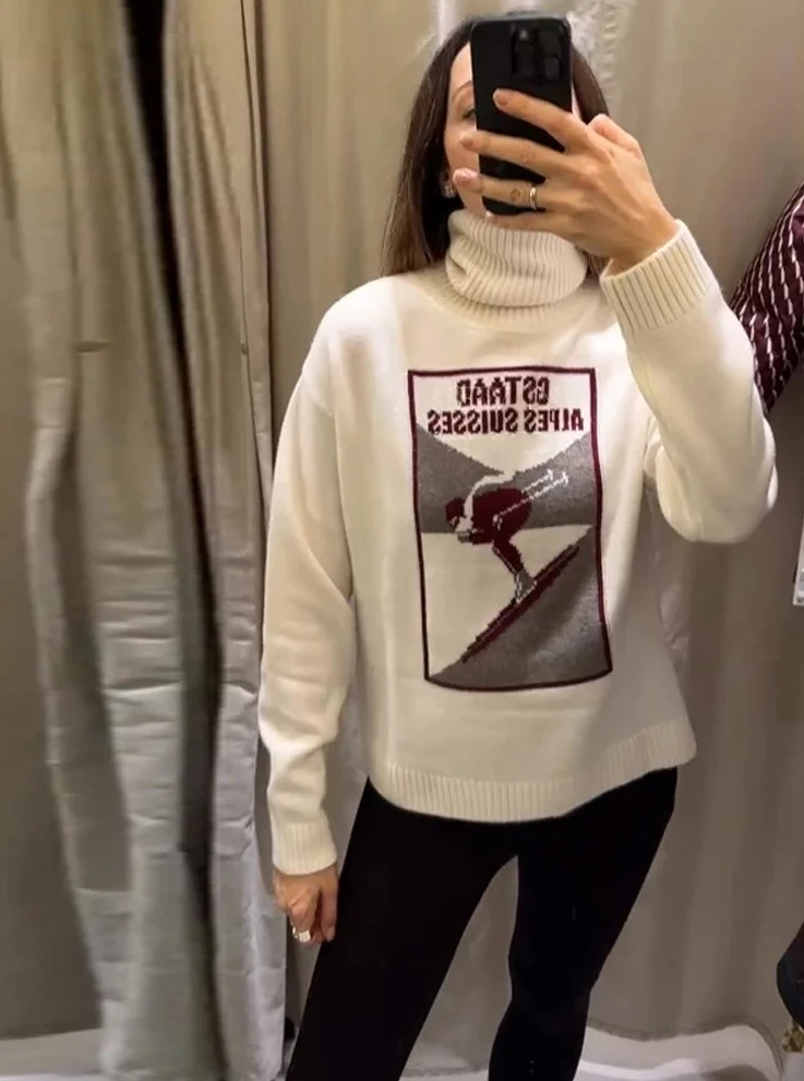 

2026 Spring Women‘s Turtleneck Sweater - Loose Print Knit Long Sleeve Pullover, Soft Warm All-Match Casual Knitwear