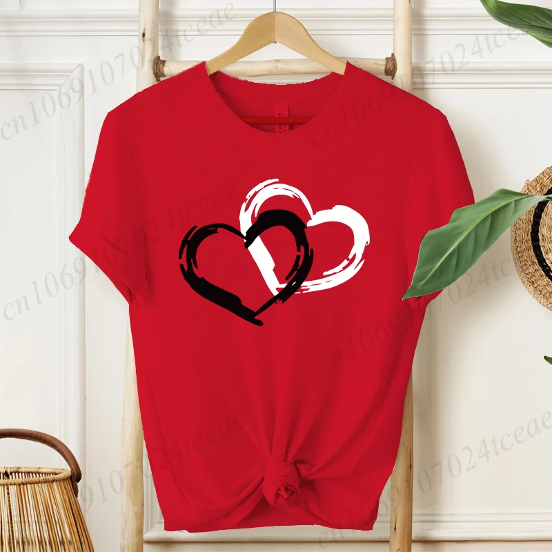 T-shirt moda donna O Collo T-shirt manica corta Casual Donna Abbigliamento rosso T-shirt con stampa cuore d'amore per i regali di San Valentino