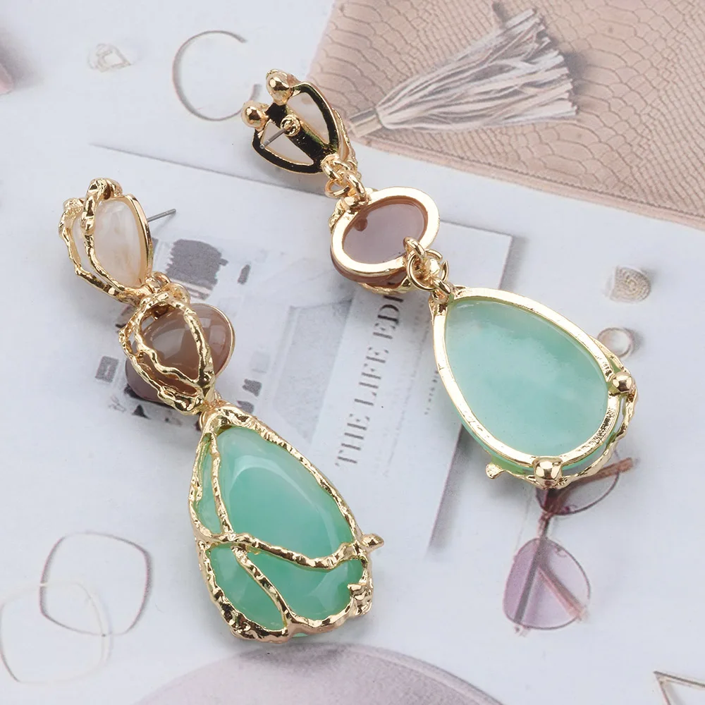 2026 New Trend Boho Green Resin Stone Dangle Earrings Women Indian Ethnic Vintage Statement Water Drop Long Earring Lady Jewelry