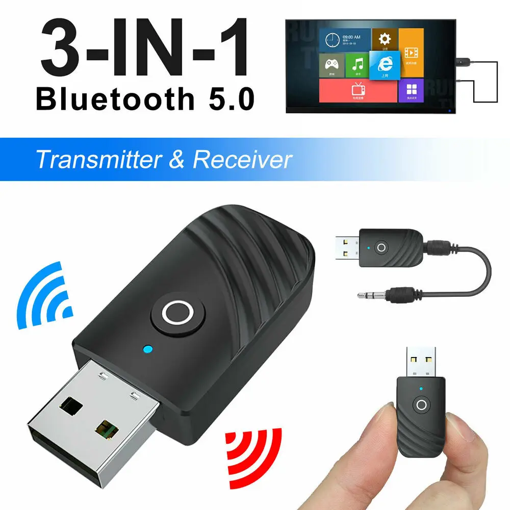 

Wireless Bluetooth 5.0 Transmitter Receiver 3 In1 USB Jack Audio Adapter for TV PC Car AUX Phone Headset Stereo Music Connection