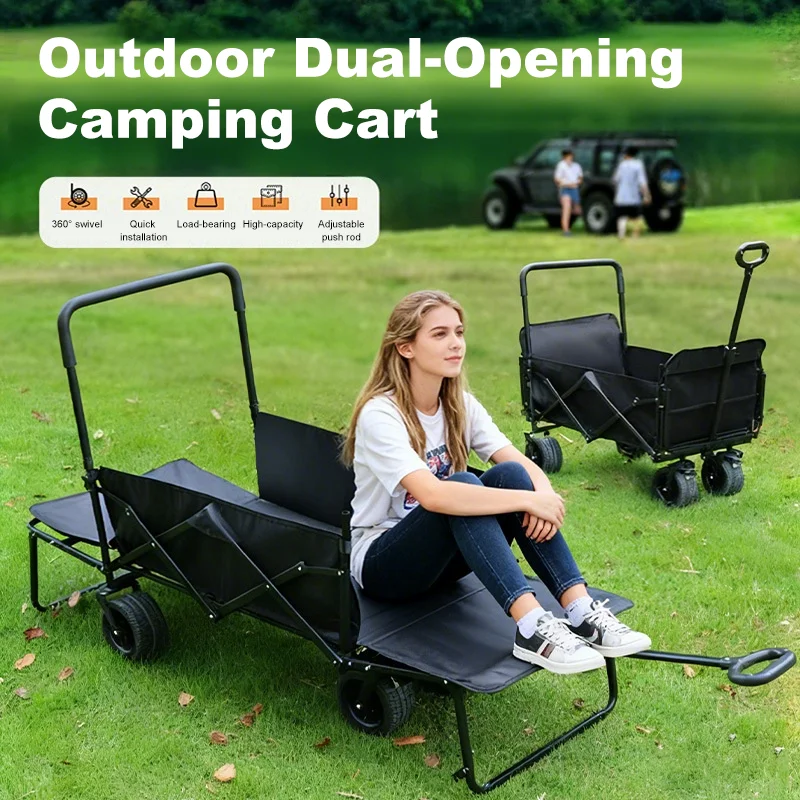 Outdoor hand cart with reclining seat, garden beach four-wheel, multi-purpose foldable practical camping folding cart