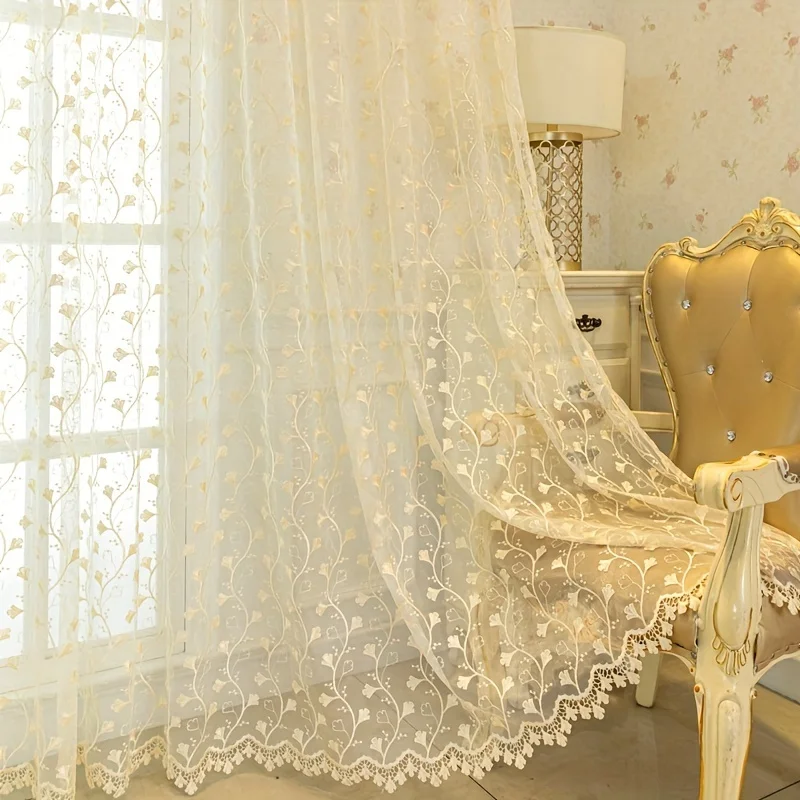 1pc Multi-Color Options, Lace Embroidered Ginkgo Leaf Sheer Curtains, Light Filtering & Breathable, for Living Room Bedroom Balc