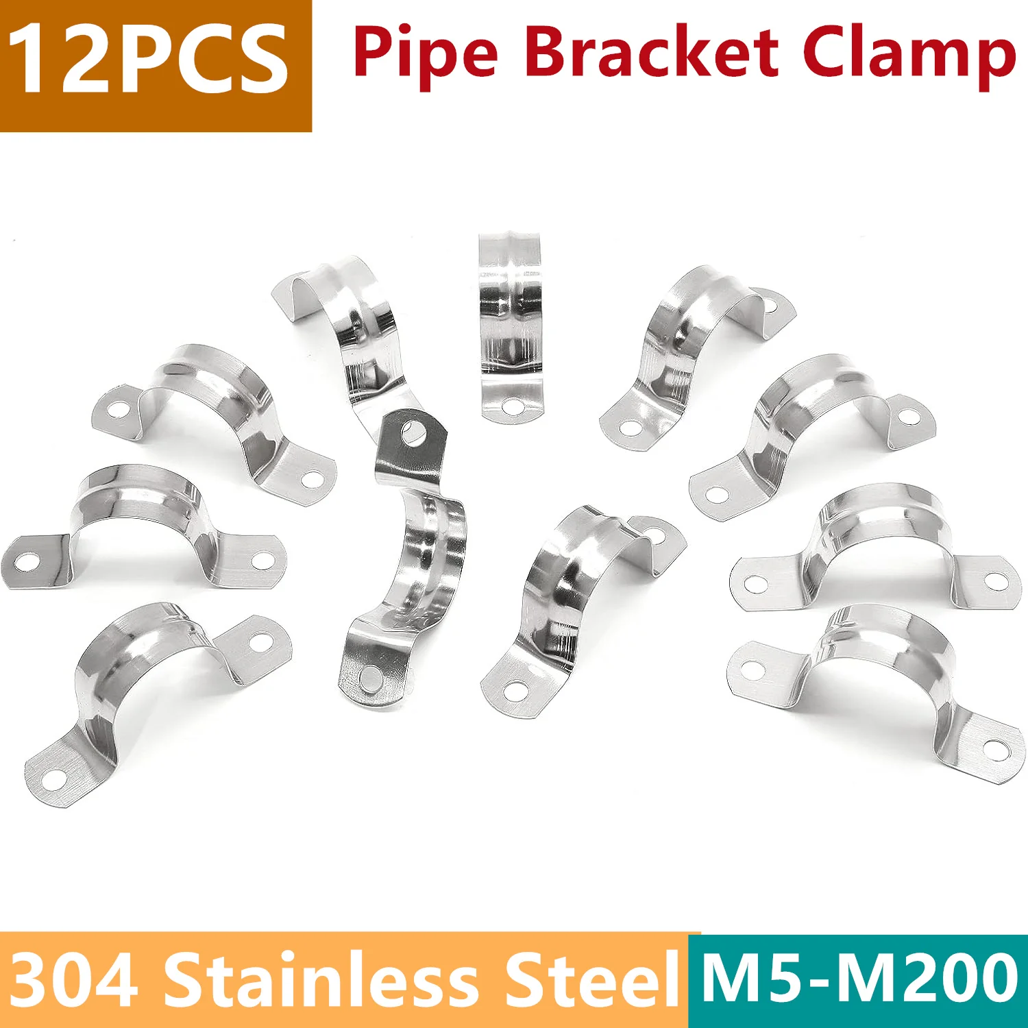 12Pcs Pipe Bracket Clamp 304 Stainless Steel U Shape Pipe Clamp M5-200 Fixed Conduit Strap Clamp Saddle Clip Tube Support Clamp