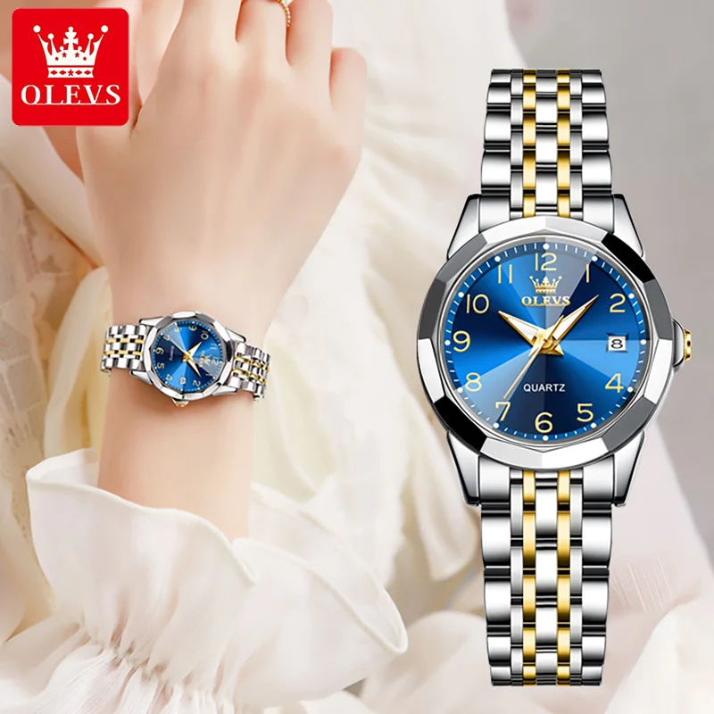 

OLEVS 9970 Original Luxury Quartz Watch for Women Rhombus Mirror Digital Dial Calendar Stainless Steel Waterproof Wrist Watches