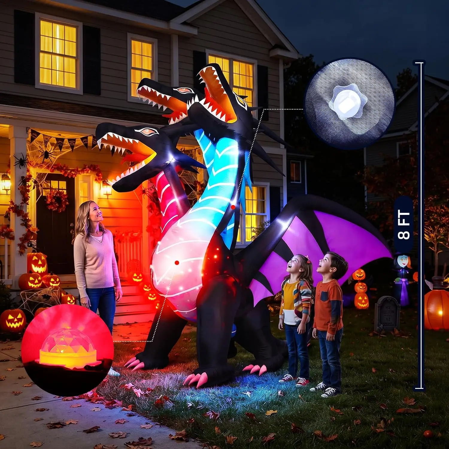 8 FT Tall Halloween Inflatables Dragon Outdoor Decorations Blow Up Yard Three-Headed Dragon with Built-in LEDs for Lawn Garden H
