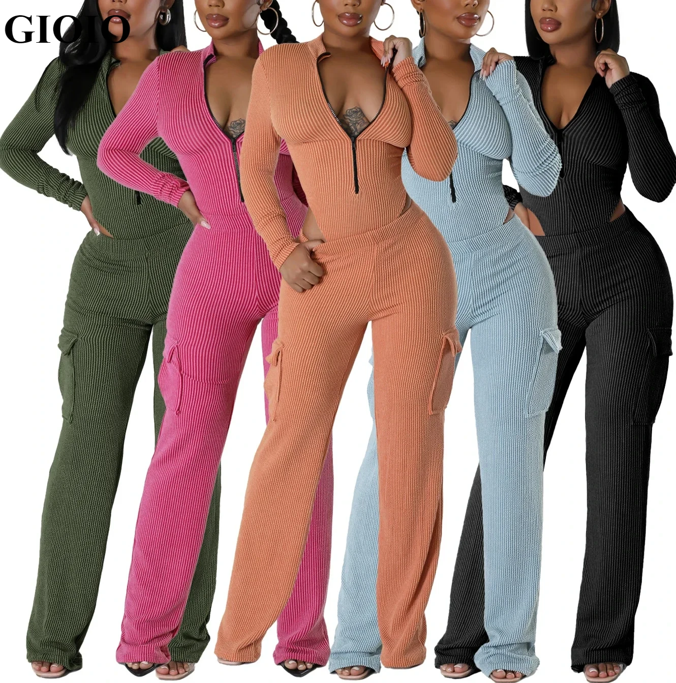 

GIOIO 2024 Autumn Women Set Long Sleeve Zipper Bodysuit Top + Cargo Long Pants Suits 2 Two Pieces Sets