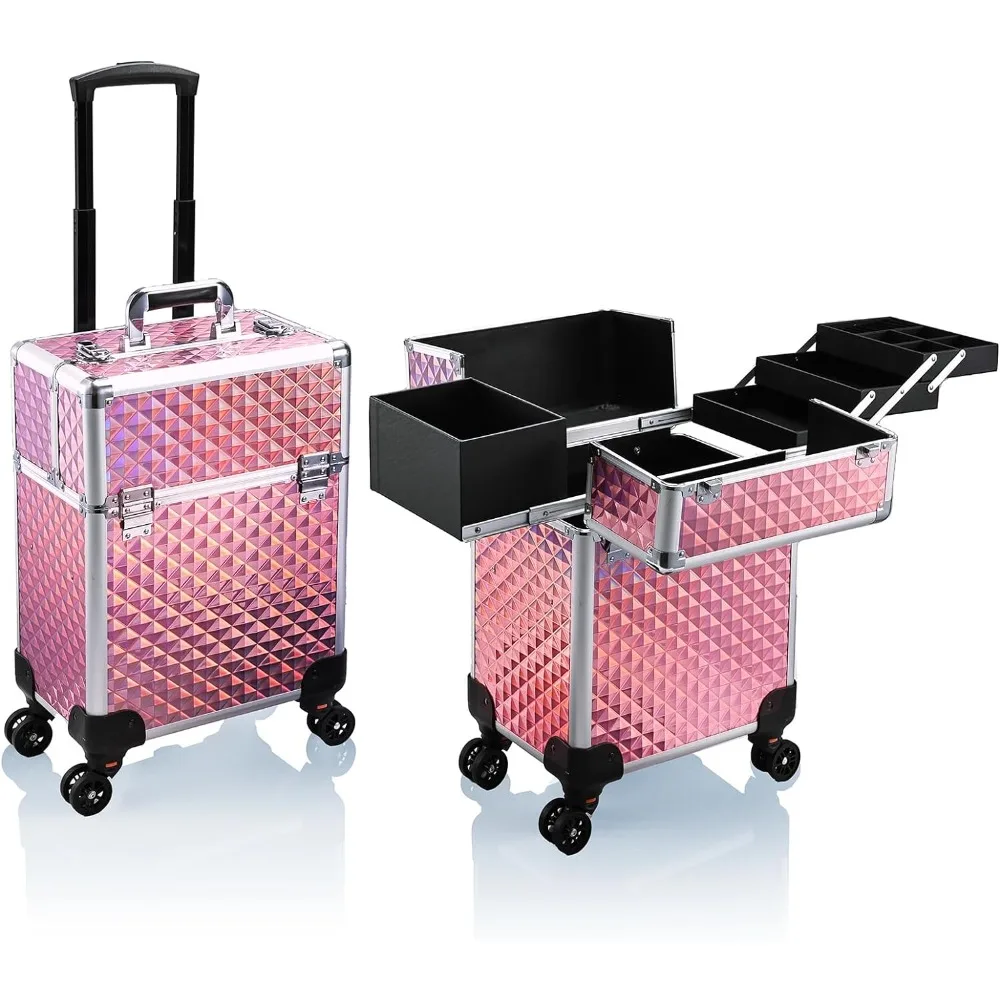 Stagiant Rolling Makeup Train Case Large Storage Cosmetic Trolley 4 Tray with Sliding Rail Removable Middle Layer with Key