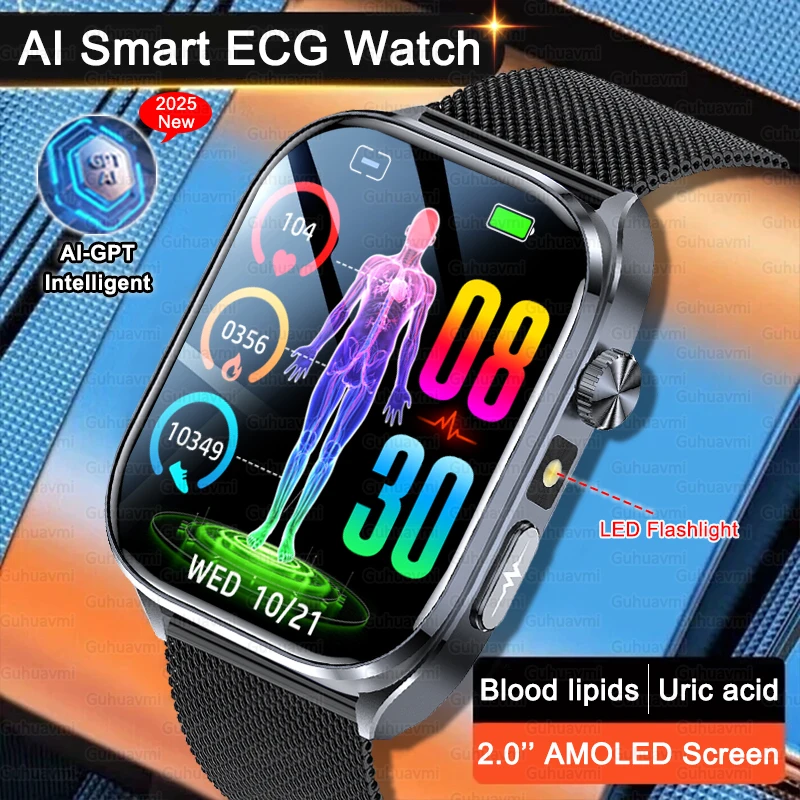 2025 New Health Analysis Blood Lipids Uric Acid Smart Watch ECG+PPG Blood Pressure Heart Rate Tracker Smartwatch For Android IOS