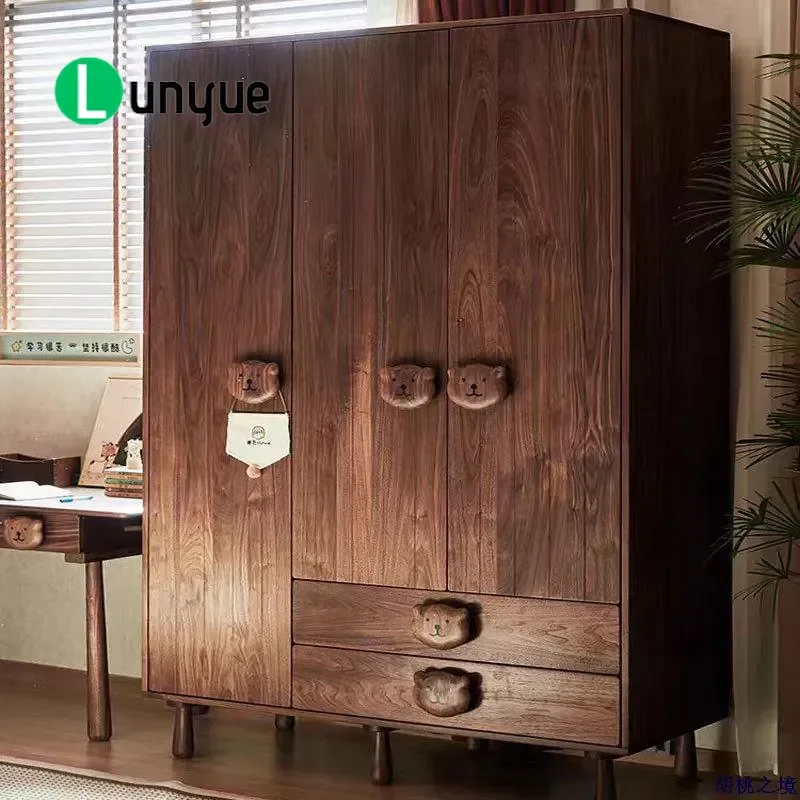 North American Black Walnut Solid Wood Children Wardrobe Cherry Wood Combo Bear Design Locker for Kids Room Storage Furniture