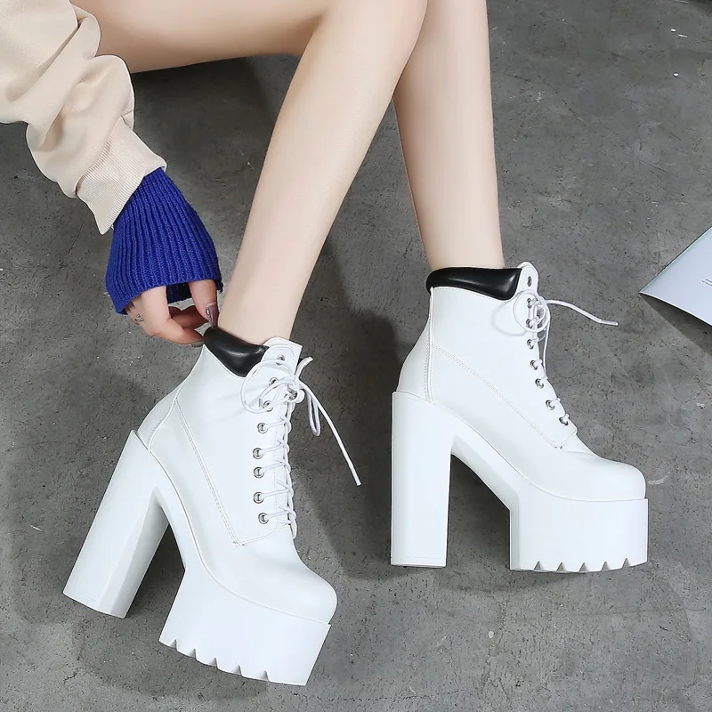 

14cm Women Ankle Boots Platform Square Heels Super High Heels Boots Lace-UP Casual Shoes Boots Round toe