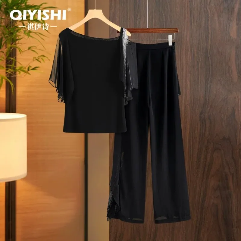 2026 Summer New Fashion Women' Black Casual Outfits Off Shoulder Knit Top + Wide Leg Pants 2 Pieces Set