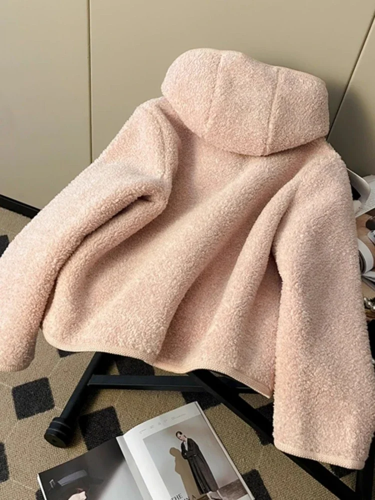 

Осенне-зимнее пальто из ягненка, флисовое теплое пальто, однобортное розовое пальто с длинными рукавами и милыми карманами, топы, женская одежда, трендовая новинка