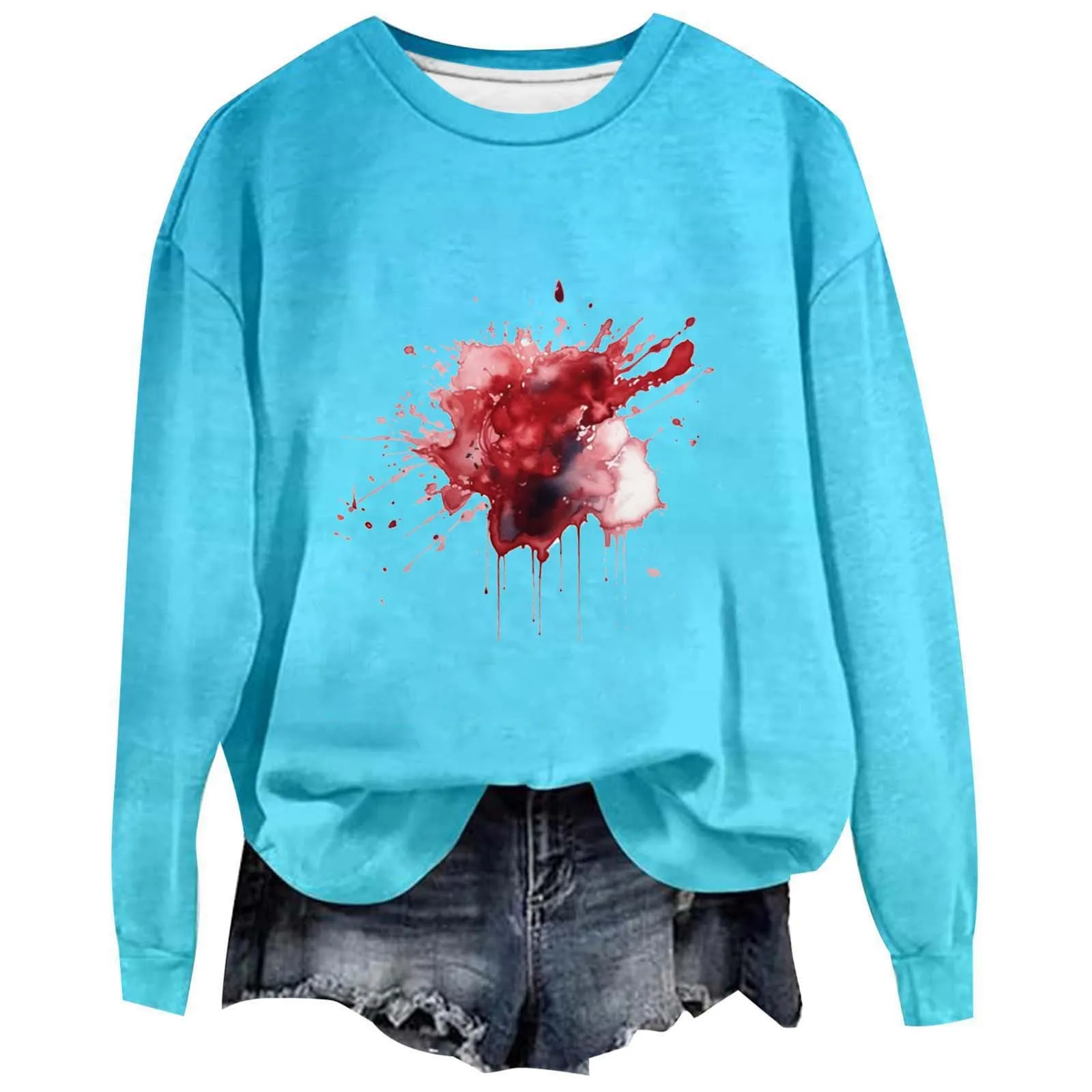 

Women's Halloween Sportswear Bloody Shirt Long Sleeved Round Neck Solid Color Halloween Pullover Sweatshirt Hoodless Top