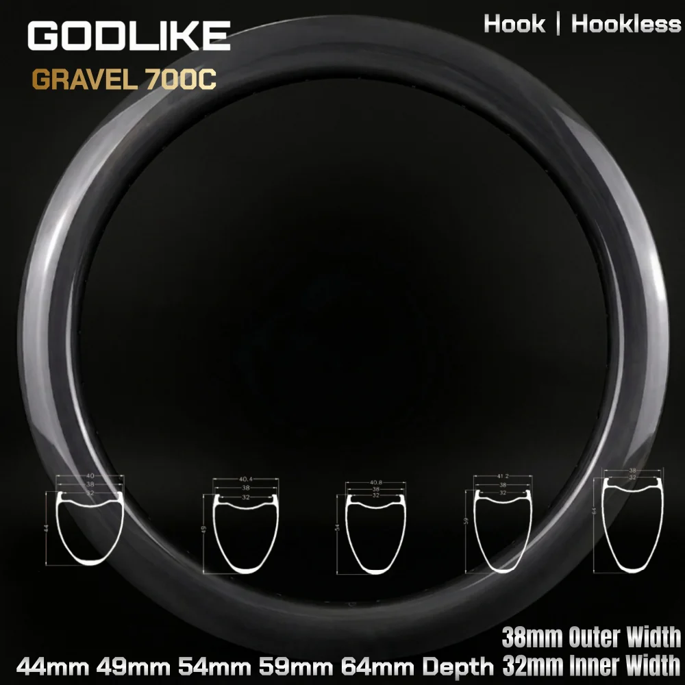 Gravel 700C Carbon-Felge Clincher Tubeless 38mm 32mm Breite Rennrad 44/49/54/59/64mm Hakenlos Gravel Disc Fahrradlaufräder